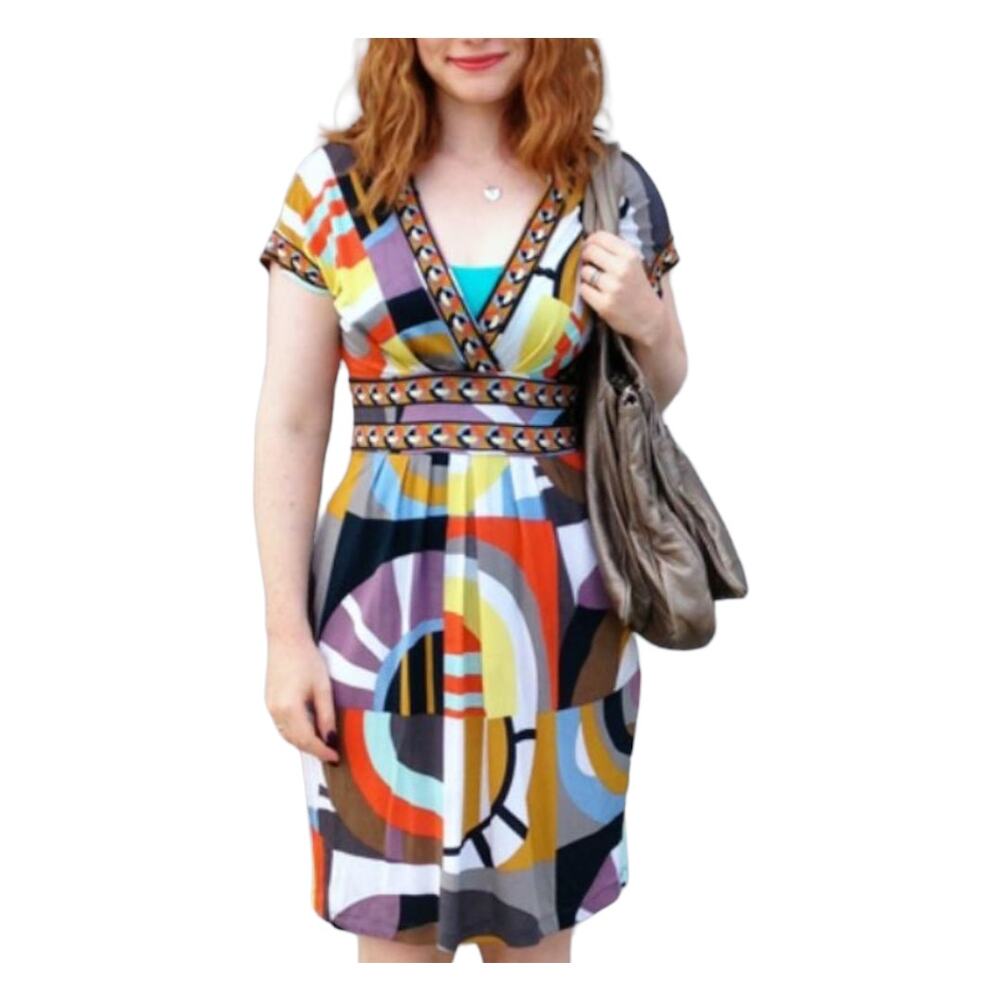 BCBGMAXAZRIA V Neck Geometric Multicolor Short Sleeve Dress, Sz M